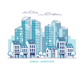 Urban landscape. City with skyscrapers and traditional buildings and houses. Linear vector illustration.