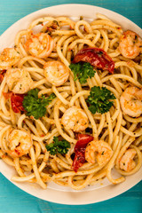 Italian Style Meal of King Prawn Bucatini