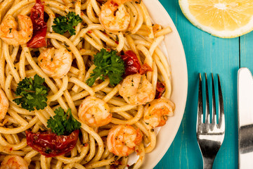 Italian Style Meal of King Prawn Bucatini