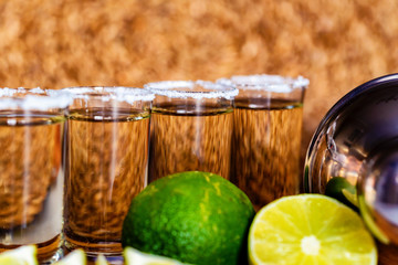 Tequila with lime and salt, selective focus
