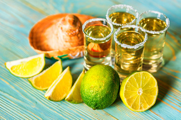 Tequila with lime and salt, selective focus