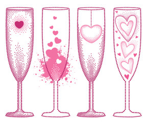 Vector set with dotted champagne glass with heart in pink isolated on white background. Champaign glass and hearts in dotwork style for restaurant and celebration Valentines day design.