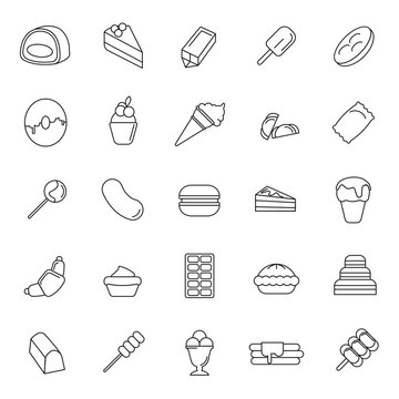 Sweet dessert and bakery line icons set isolated on white background. Vector illustration with cake, sweet and ice cream in line style.
