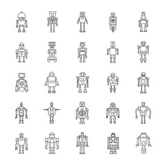 Robots outline Icons set. Vector illustration with mechanic and elecrtic robots in line style. Technology objects. - obrazy, fototapety, plakaty