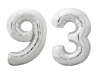 Silver number 93 ninety three made of inflatable balloon isolated on white