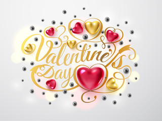 Happy Valentines day. Gold font composition with arrow, red and gold hearts, silver beads isolated on background. Vector Holiday romantic illustration. Wallpaper, flyer, invitation, poster, banner.