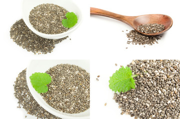 Group of healthy chia seeds over a white background