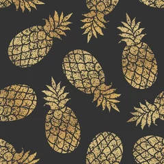 Stickers pour porte Ananas Modèle vectoriel continu d& 39 ananas dorés sur fond noir.