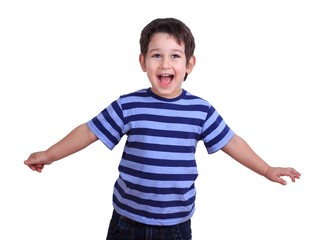 Funny happy boy playing portraying the flight of an airplane, isolated on white. Emotions, feelings, states of mind, childhood concept