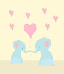 Cute hand drawn Valentines day card with funny cartoon characters of elephants.