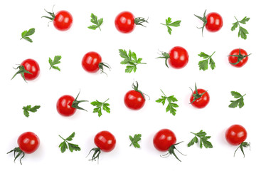 Cherry small tomatoes with parsley leaves isolated on white background. Set or collection. Top view. Flat lay