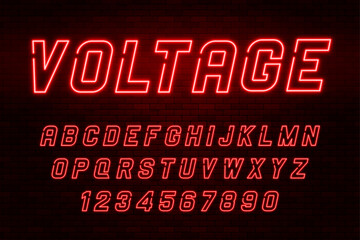 Voltage neon light alphabet, realistic extra glowing font - obrazy, fototapety, plakaty