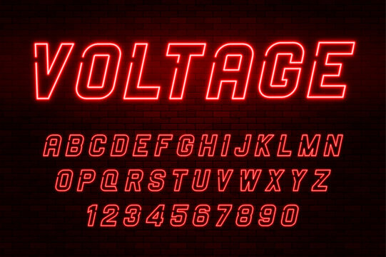 Voltage neon light alphabet, realistic extra glowing font