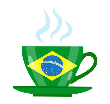 Brazilian coffee icon flat style. Green cup with the flag of Brazil. Isolated on white background. Vector illustration