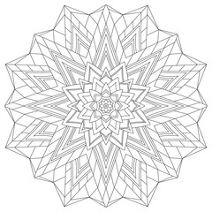 Flower circular mandala for adults. Coloring book page design. Anti stress black and white vintage decorative element. Monochrome oriental ethnic pattern. Hand drawn isolated vector illustration.