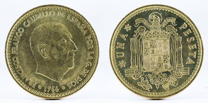 Old Spanish coin of 1 peseta, Francisco Franco. Coined in copper. Year 1966, 1975 in the stars.