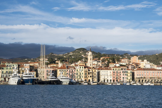 Oneglia, Imperia harbor, Italy. Typical village of the Ligurian coast, mediterranean sea.