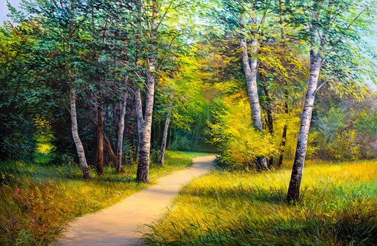 Summer forest road, oil painting on canvas
