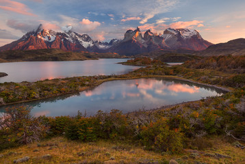 The National Park Torres del Paine, Lakes and mountains at sunset. Patagonia, Chile