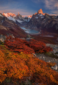 Autumn In Fitzroy Mountain, Southern Patagonia, On The Border Between Argentina And Chile.