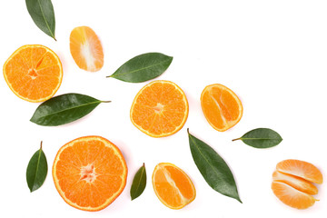 orange or tangerine with leaves isolated on white background with copy space for your text. Flat lay, top view
