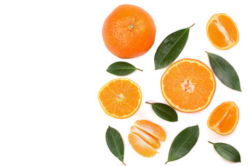 orange or tangerine with leaves isolated on white background with copy space for your text. Flat lay, top view