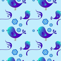  Happy Easter. Seamless  pattern with blue birds and flowers. Childish illustration in cartoon style.