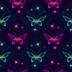 Glowing background with magic  butterflies and sparkling stars.Transparent butterfly and glowing stars.