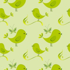  Happy Easter. Seamless  pattern with green birds and butterflies.Childish illustration in cartoon style.