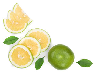 Fototapeta premium Citrus Sweetie or Pomelit, oroblanco with leaf isolated on white background with copy space for your text. Top view