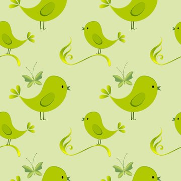  Happy Easter. Seamless  pattern with green birds and butterflies.Childish illustration in cartoon style.