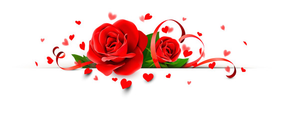 Rote Rosen mit Herz Schleife und Herz Konfetti - Banner
