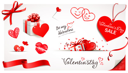 Valentinstag - Set mit Herz Motiven - Geschenk, Etiketten, Schleife, Kussmund, Doodles, Papierecke, Kalligraphie etc.