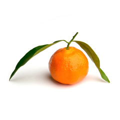 orange mandarin with green leaf, isolated