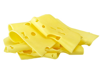 Swiss cheese slices close up on the white