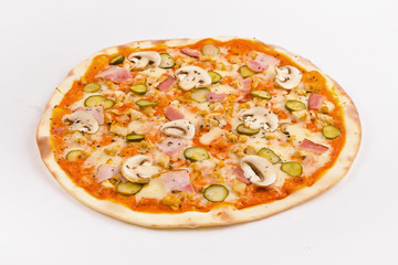 Pizza with four kinds of meat and cucumbers on a white background.