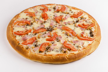 Pizza mushrooms, bacon, tomatoes, cheese on a white background.