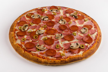 Pizza mushrooms, salami, pepperoni, ham on a white background.