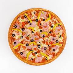 Meat pizza with paprika and olives on a white background. Top view