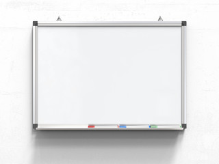 Whiteboard and Marker Pens. Blank Whiteboard with marker pens on white concrete wall. Scratched...