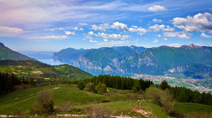 Fototapeta na wymiar Above view from Monte STIVO of Arco, Riva, Nago-Torbole at Lake Garda,Italy, Popular destinations for travel in Europe. Italian Dolomites-panoramic views