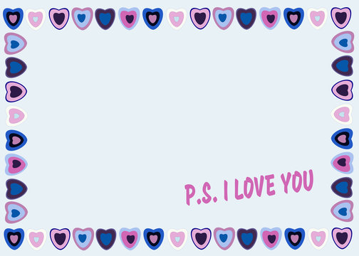 Frame of hearts on blue background with text P.S. I love you .
