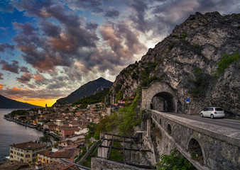 Limone sul Garda, Italy-18 April 2016:Panoramic view of Limone sul Garda, a small town on Lake Garda,  Lombardy,Italy.tourist destination in Italy