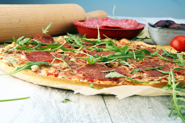 pizza with cheese fresh baked pepperoni pizza coming out of the oven