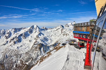 Val Senales, Italy-13 November 2013:Winter landscape, Val Senales Italian glacier ski resort in sunny day, Panorama of Italian Alps