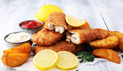 traditional British fish and chips with potato and lemon