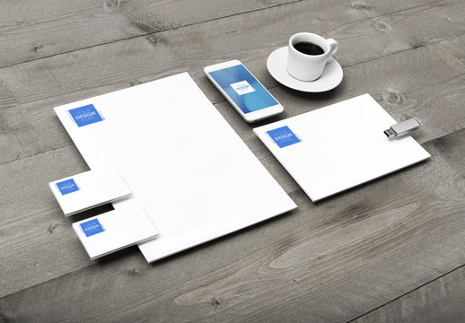 Corporate Identity Set Mockup with Coffee Cup on Wooden Table 2