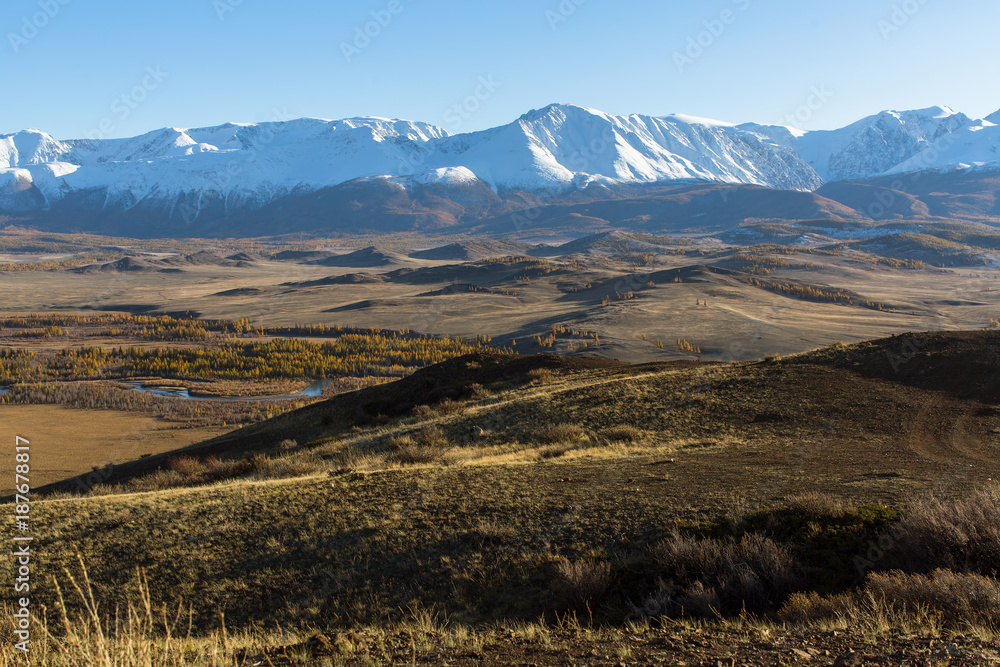 Poster altai mountains, chuya ridge, west siberia, russia.