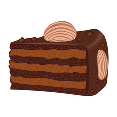 Chocolate cake with chocolate cream. Slice of chocolate cake isolated on white background. Vector illustration.