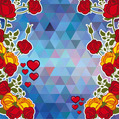 Abstract mosaic background with decorative roses and hearts. Copy space. Vector clip art.